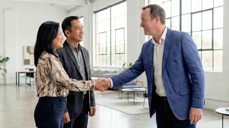 Financial adviser greeting a couple for consultation